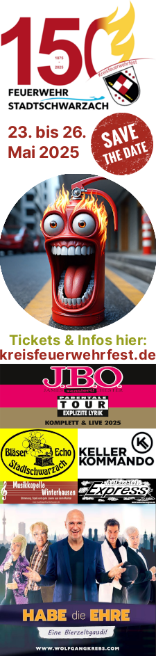 Flyer: 150 Jahre FFW Stadtschwarzach - Kreisfeuerwehrfest inkl. Umzug, musikalische Highlights mit J.B.O., Wolfgang Krebs, Bläser-Echo, Kellerkommando, Aalbachtal-Express und Musikkapelle Winterhausen.